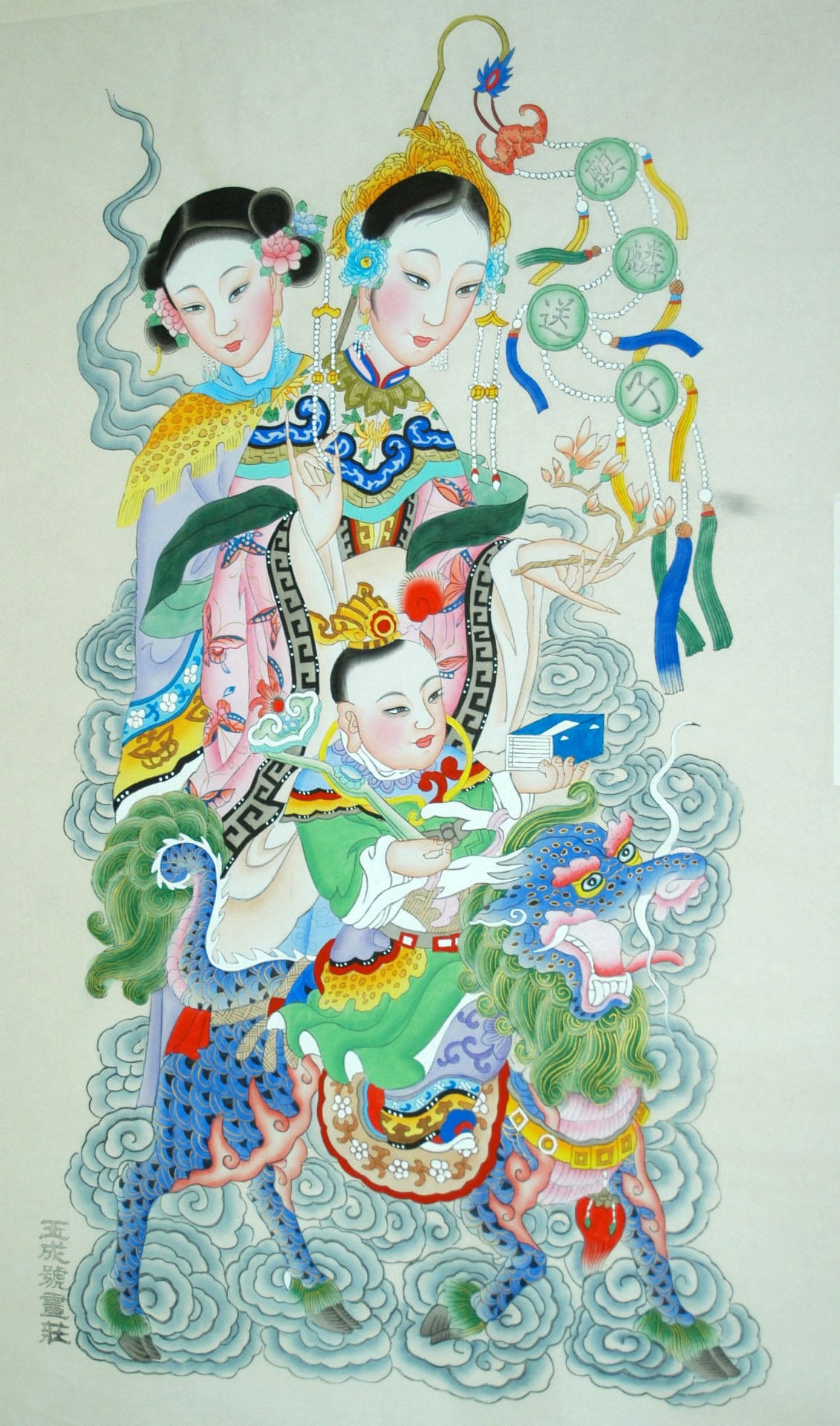 _楊柳青_麒麟送子_子, 蝙蝠, 蝶, 髪飾り, 如意, 牡丹, 衣服, 菊花, 木犀, 書籍, 美人, 桂花, 豹, 麒麟, 木蓮, 仙女, 肩掛け, 如意笊