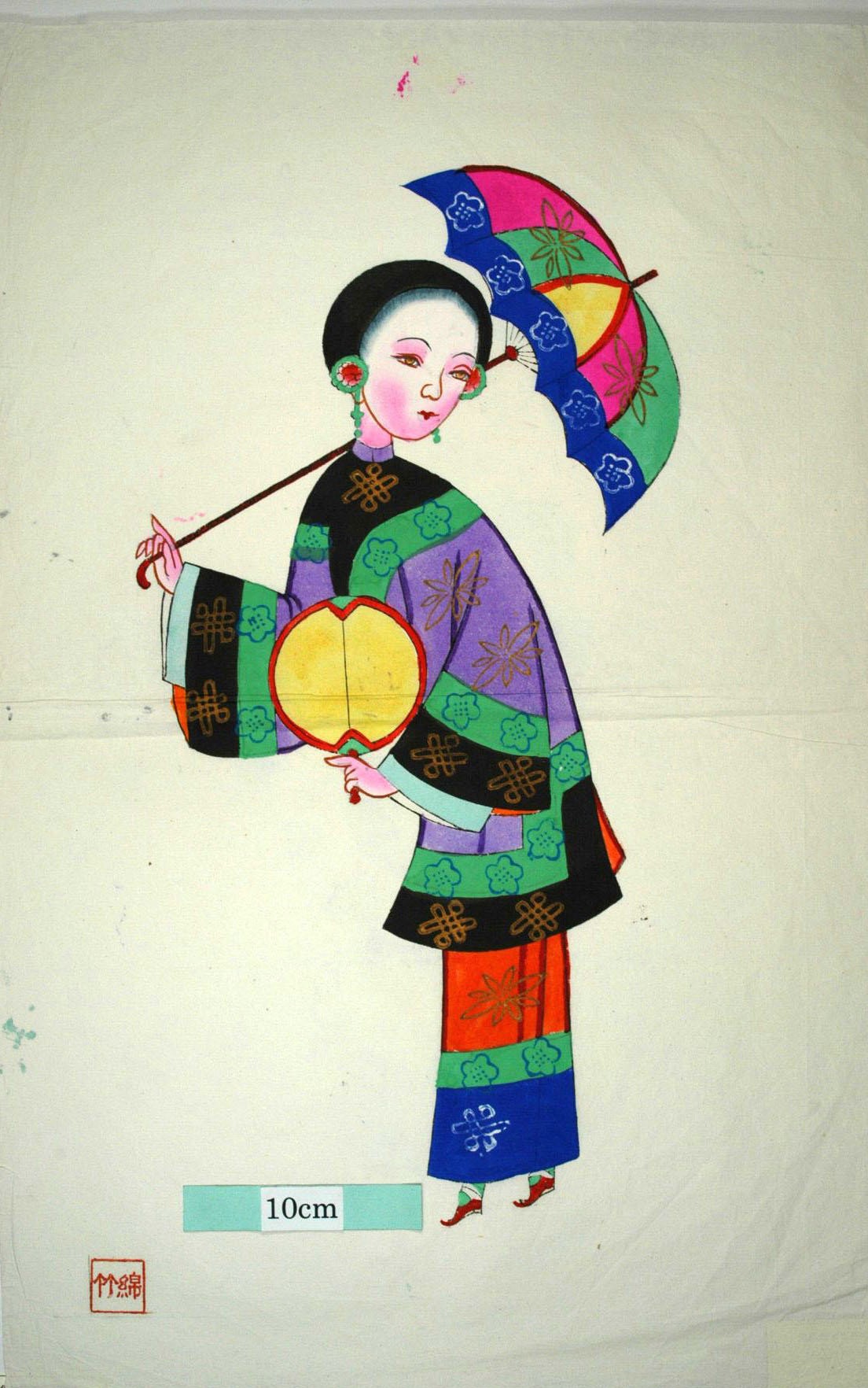_綿竹_執傘仕女_梅花, 髪飾り, 衣服, 菊花, 盤長, 花, 団扇, 美人, 宮女, 仕女, 纏足, 日傘