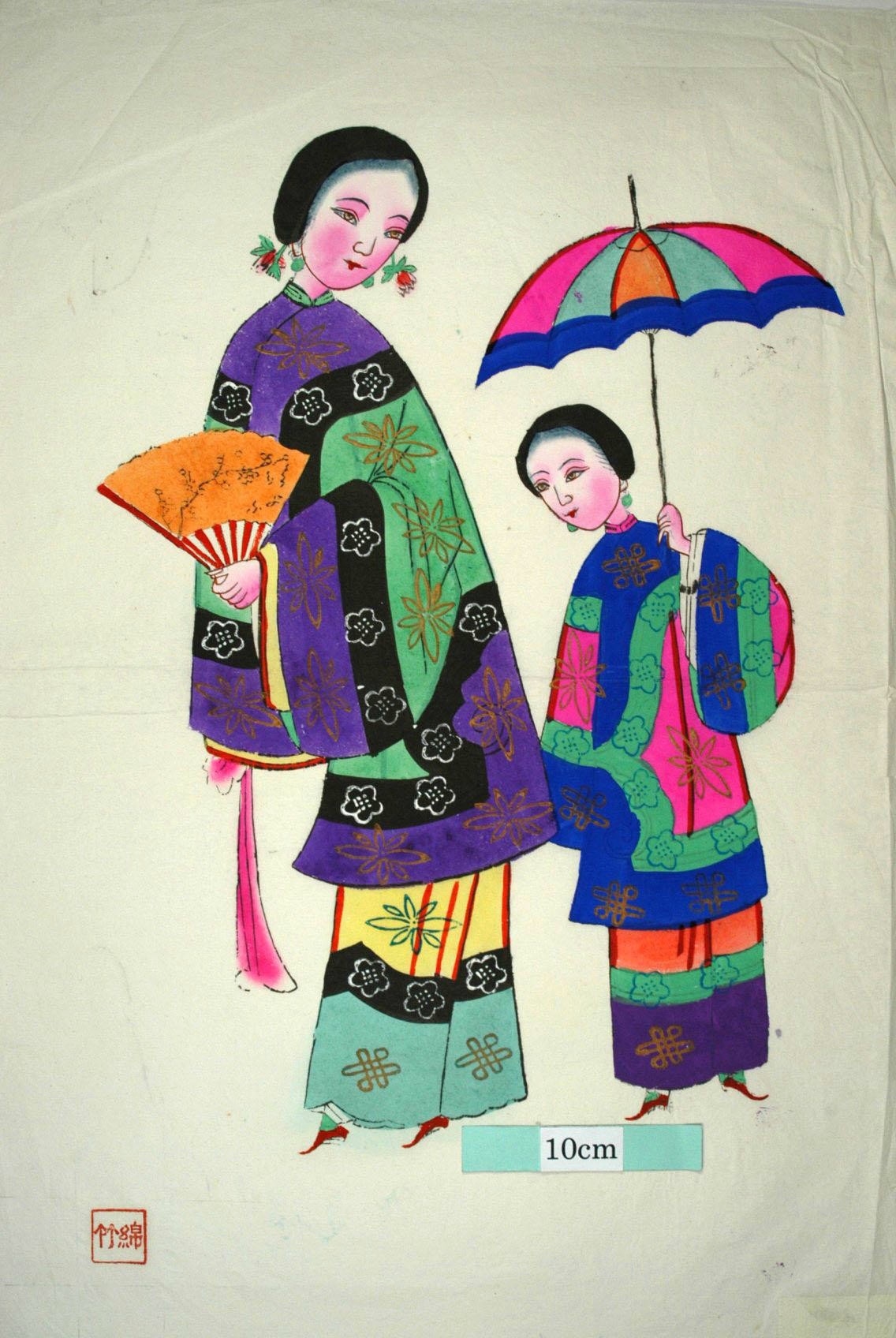 _綿竹_母子閑話_子, 梅花, 髪飾り, 衣服, 菊花, 蘭, 盤長, 母, 扇子, 纏足, 日傘