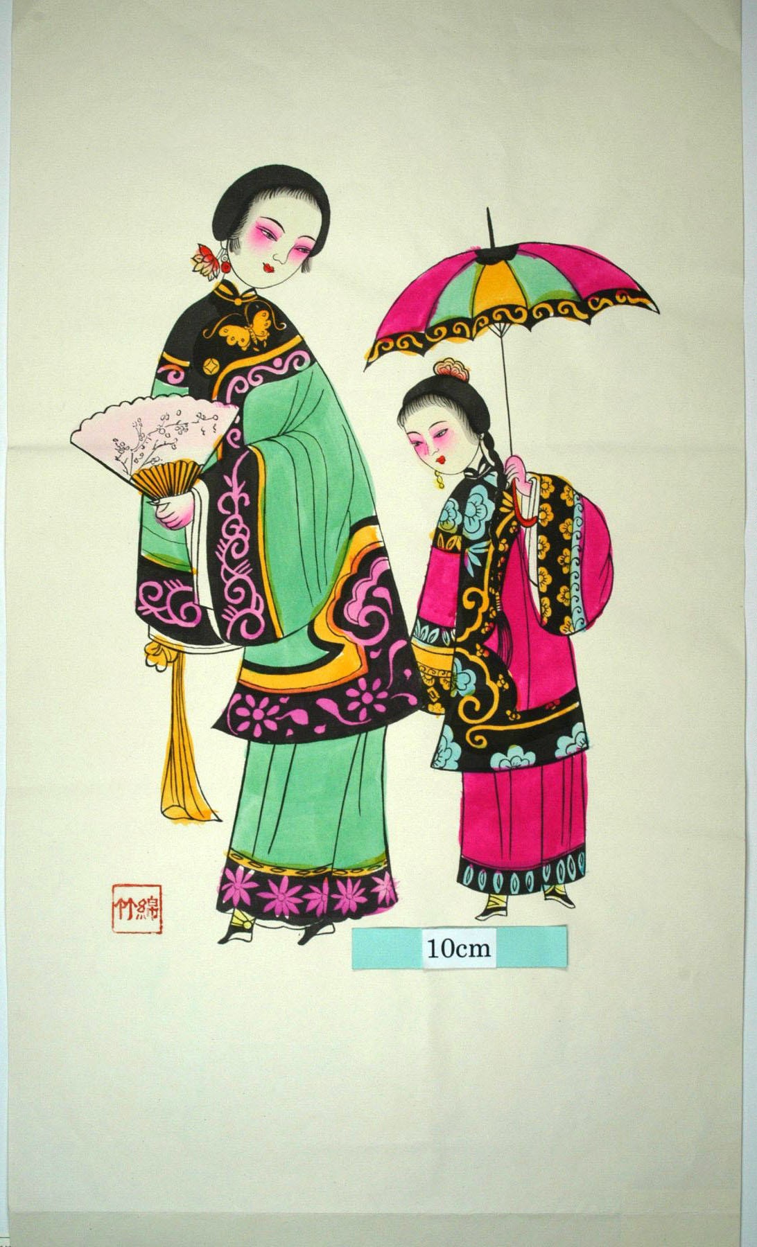 _綿竹_母子閑話_子, 蝶, 梅花, 髪飾り, 牡丹, 衣服, 菊花, 蔓, 母, 扇子, 纏足, 日傘