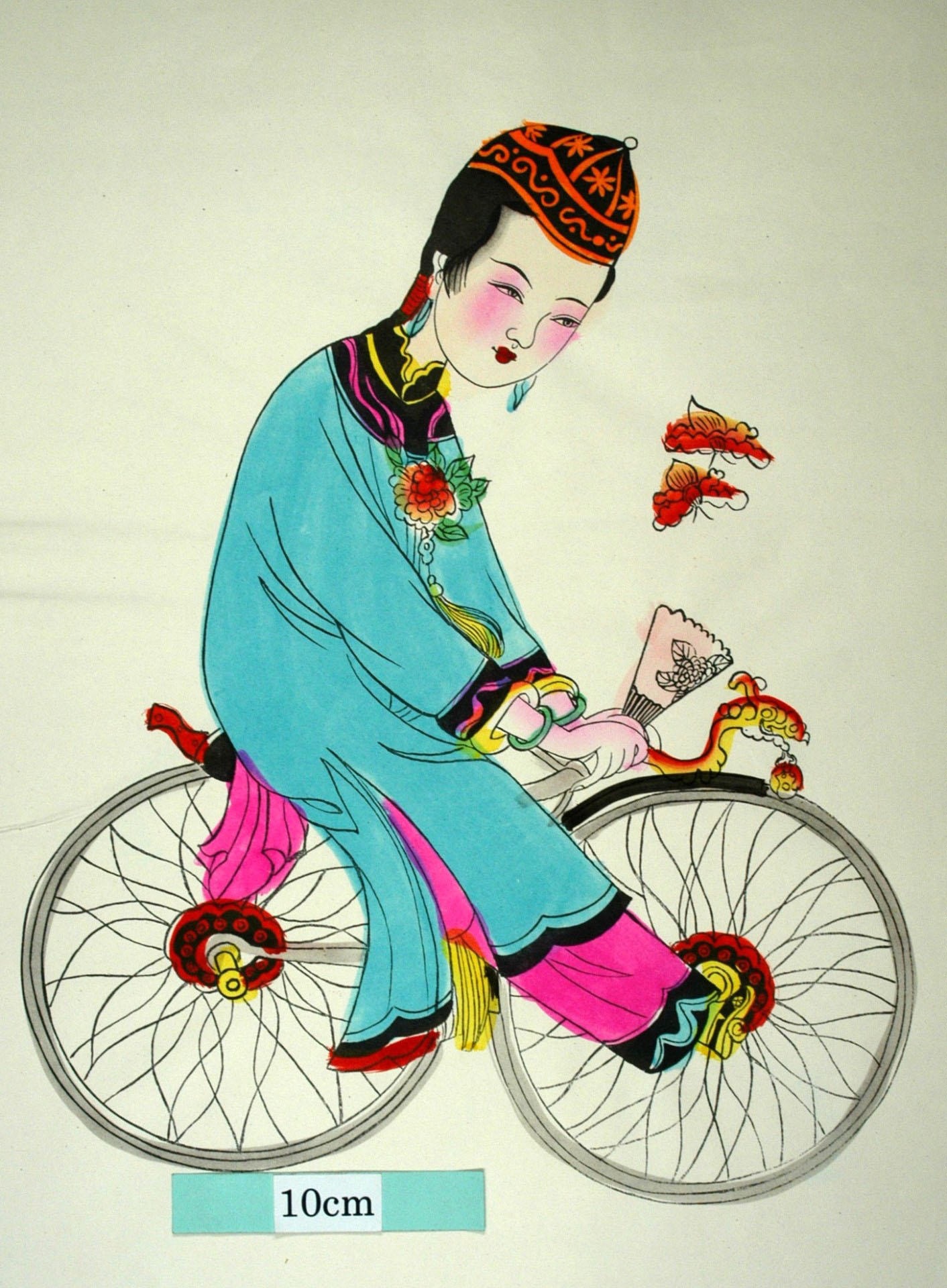 _綿竹_騎車仕女_蝶, 菊花, 木犀, 美人, 桂花, 扇子, 自転車, 纏足