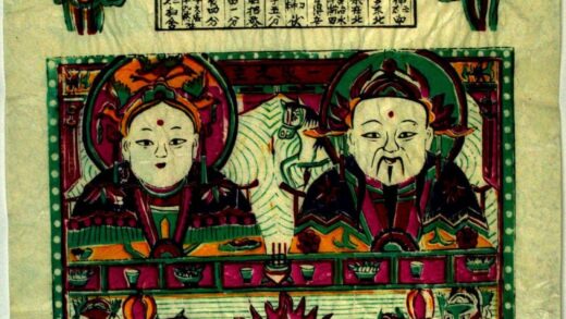 高密 竈神図 芭蕉葉 犬 花 武門神 龍 宝珠 笏 元宝銭 馬 線香 鶏 聚宝盆 竈神 双座竈 利市仙官 招財童子 暦 銅錘 銭.jpg