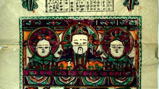 高密 竈神図 芭蕉葉 蔓 花 笙 龍 宝珠 笏 冠 瑞雲 元宝銭 麒麟 馬 線香 笛 仙女 官印 竈神 三頭竈 囍 麒麟送子 暦 印綬 貴子 銭 儀仗扇.jpg