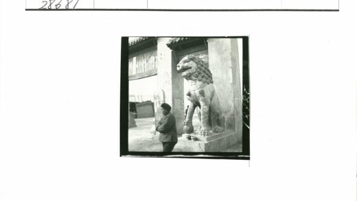 传统大门石狮雕像与丘陵景观.jpg