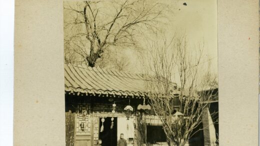 传统建筑前挂饰男子与枯树晴空.jpg