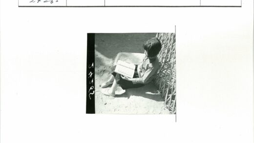 孩子倚篱笆看书的沙地时光.jpg