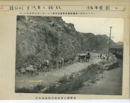 山区铁路旁的行人与驮畜.jpg