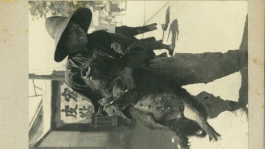 戴圆锥帽抱猪街头人物.jpg