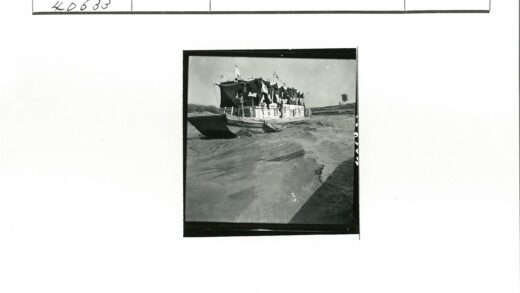 河上彩旗船与绿岸树景.jpg