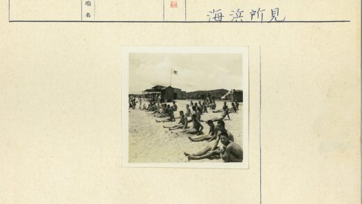 海滩泳装男子与木旗杆风景.jpg