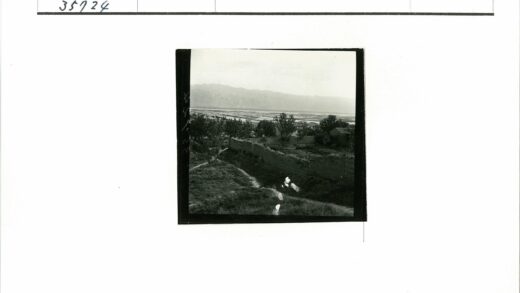 石墙树木建筑与远山景色.jpg
