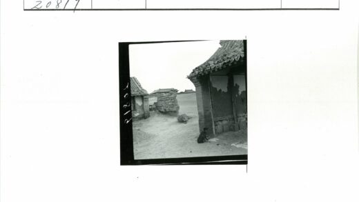 破旧瓦房与狗多云天空背景.jpg