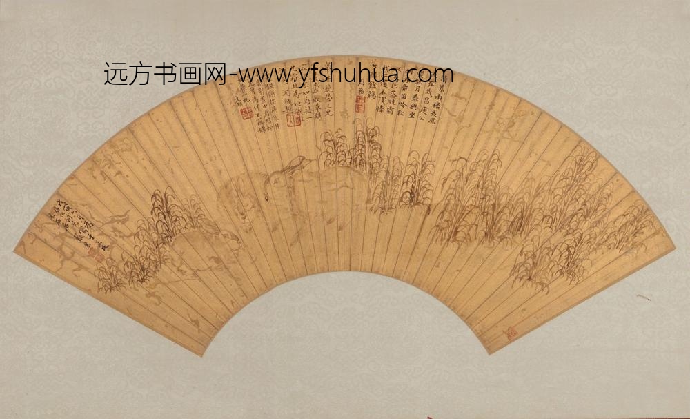 张宏三兔图金笺扇面