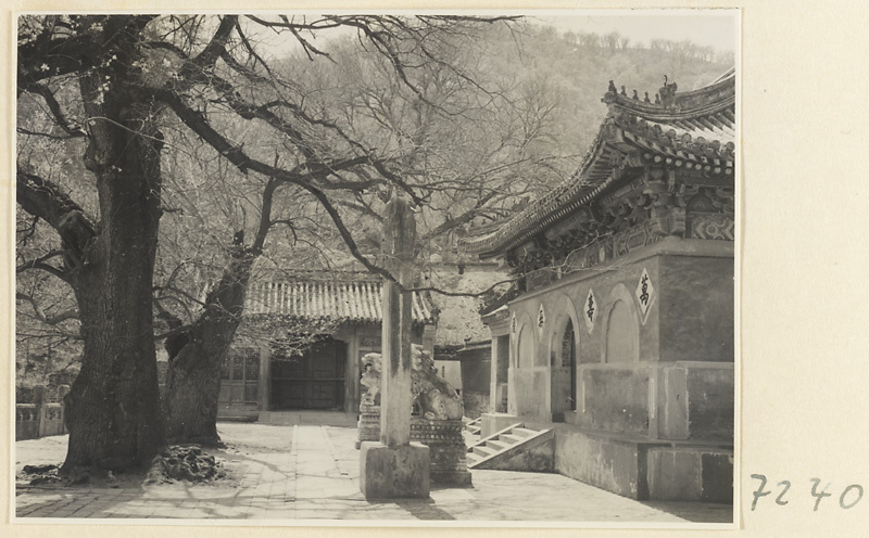 【JPG清晰版】戒台寺寺庙建筑的立面细节展示带有铭文的入口、一对石狮和石碑