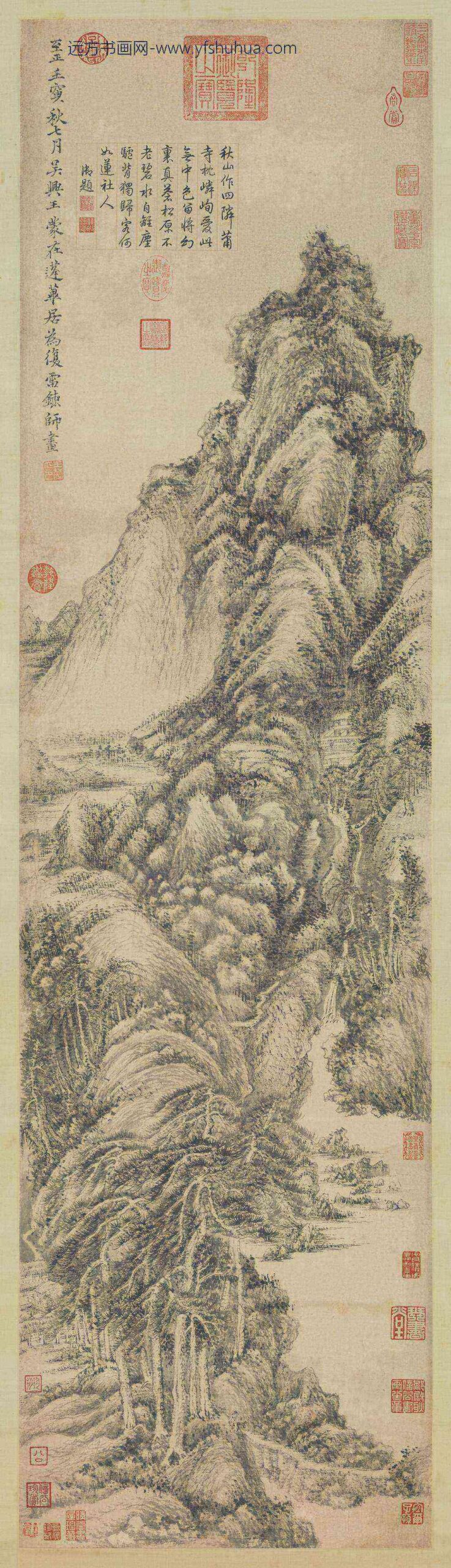 元王蒙秋山箫寺图轴