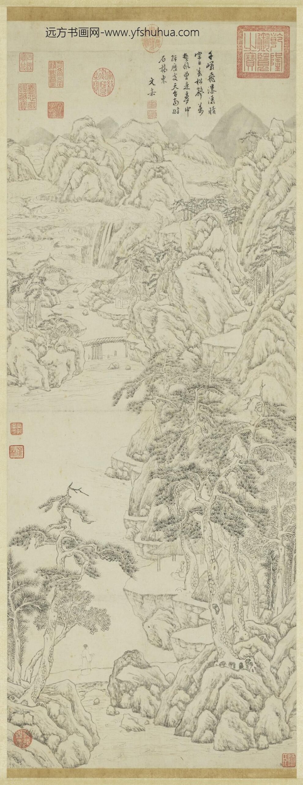 明文嘉岩瀑松涛图轴