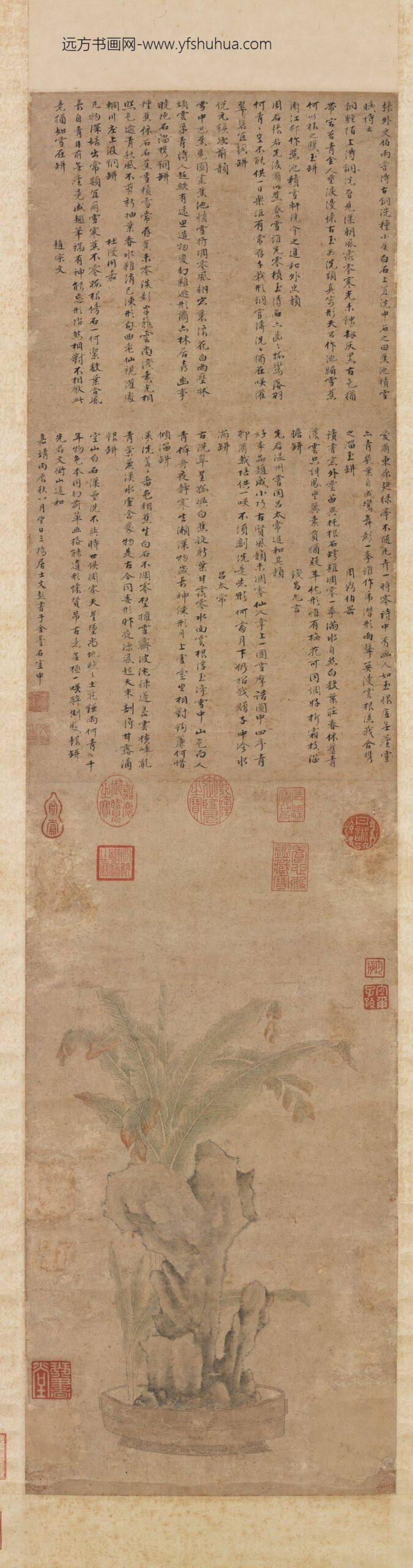 明文征明古洗蕉石图轴