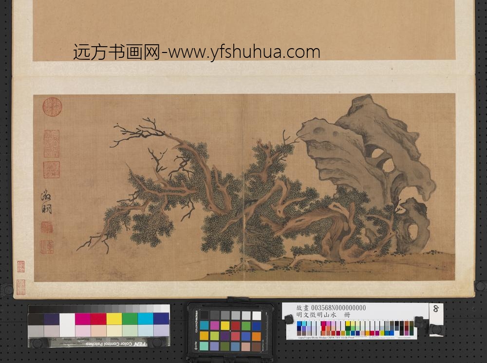 明文征明山水册古柏奇石