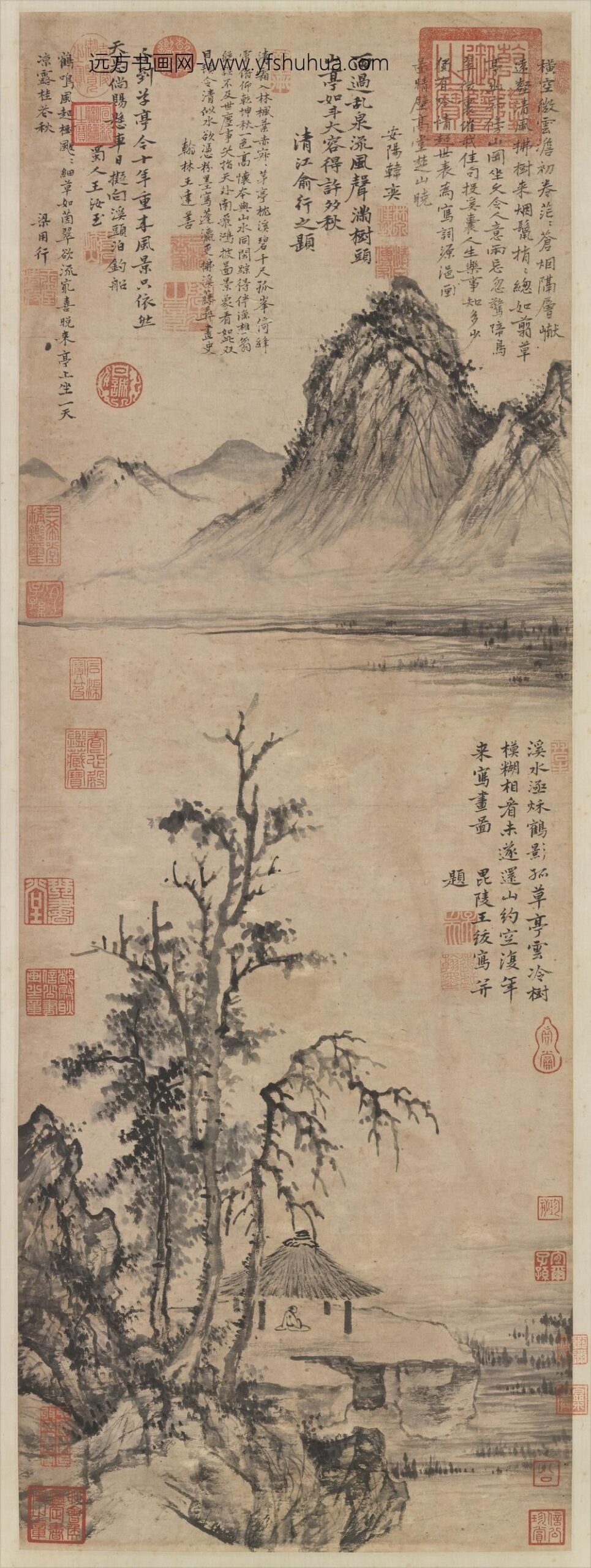 明王绂草亭烟树图轴