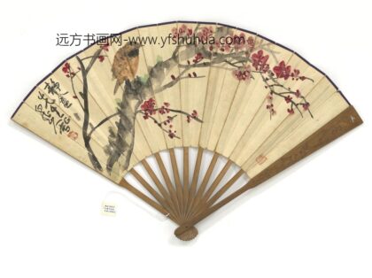 民国王震梅鸟并行楷书李白夜泊牛渚怀古诗成扇 1.jpg