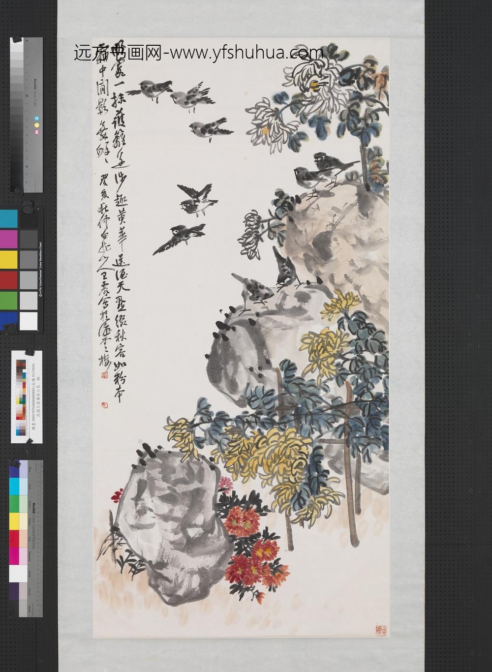 民国王震黄菊小鸟轴