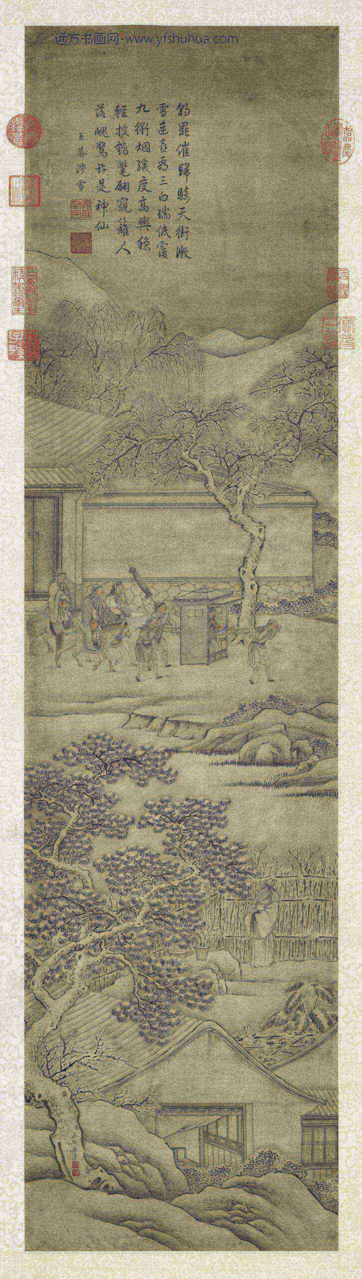 清吴桂画雪景人物事迹御题轴