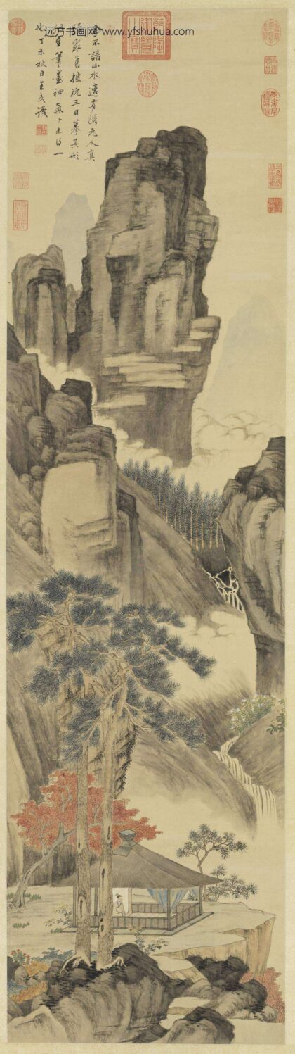 清王武仿元人溪亭对菊图轴.jpg