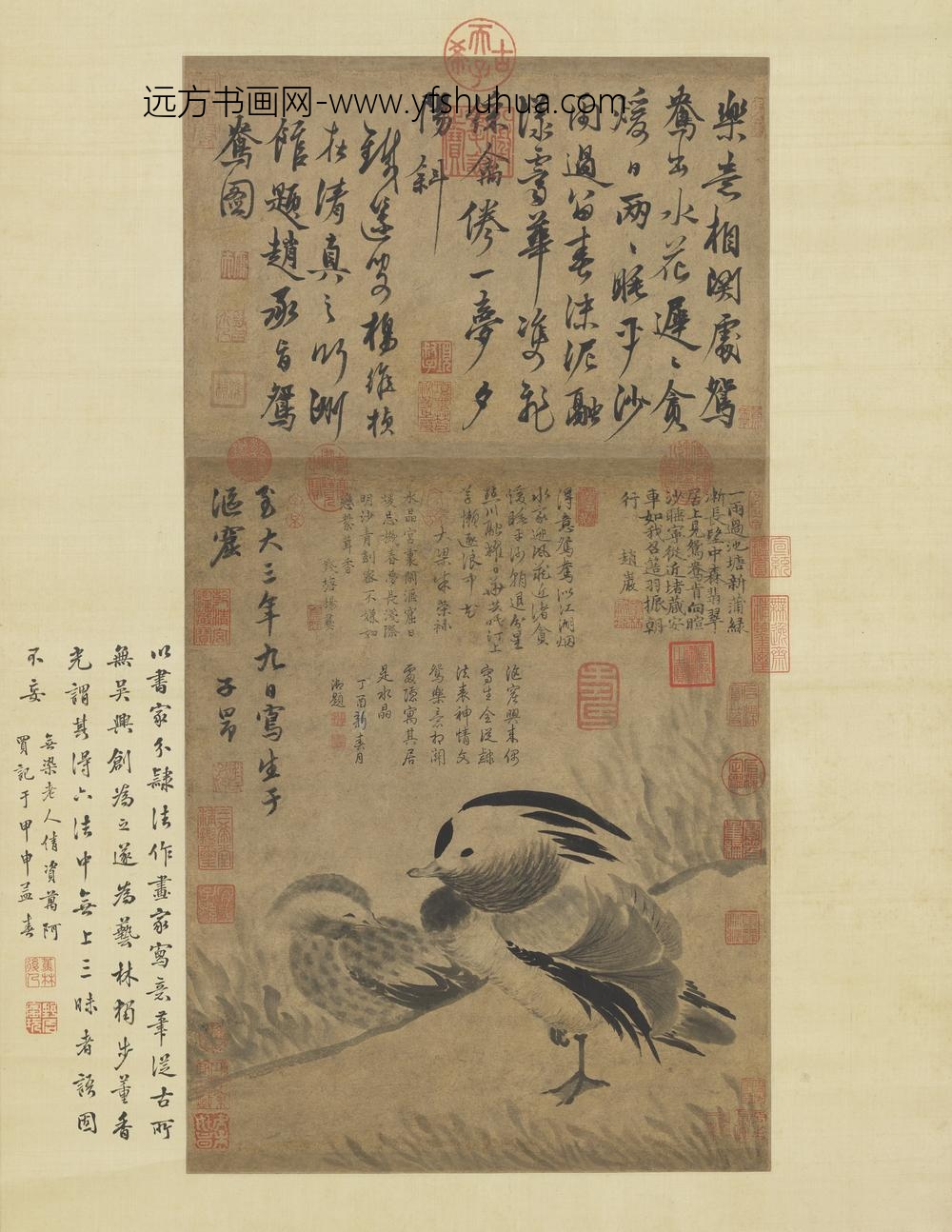 元赵孟俯画汀草文鸳轴