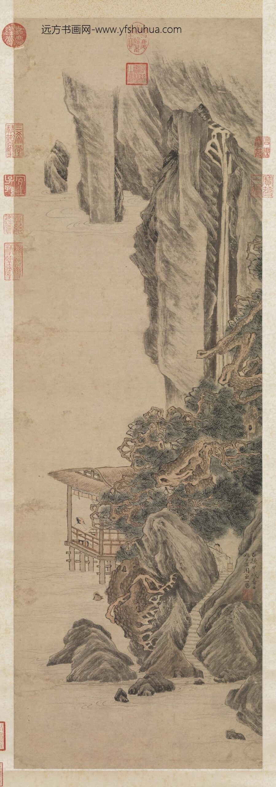 明周臣松岩飞瀑轴