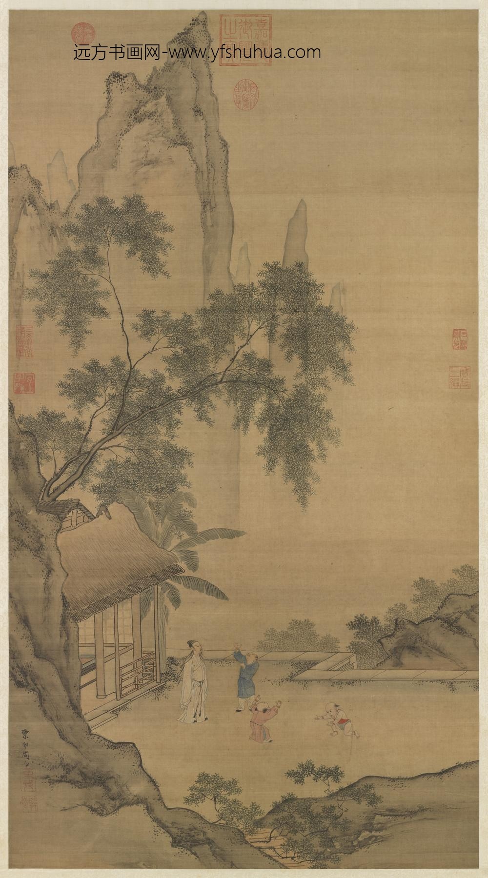 明周臣画闲看儿童捉柳花句意轴