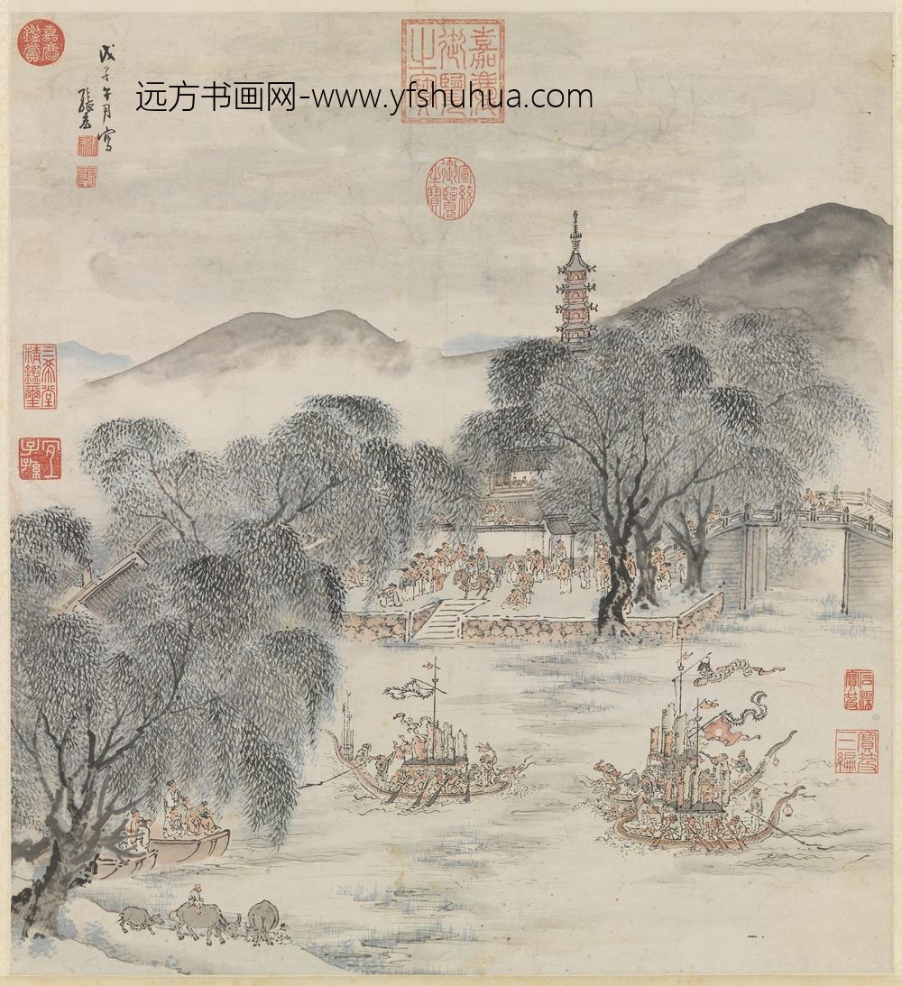 明张宏竞渡图轴