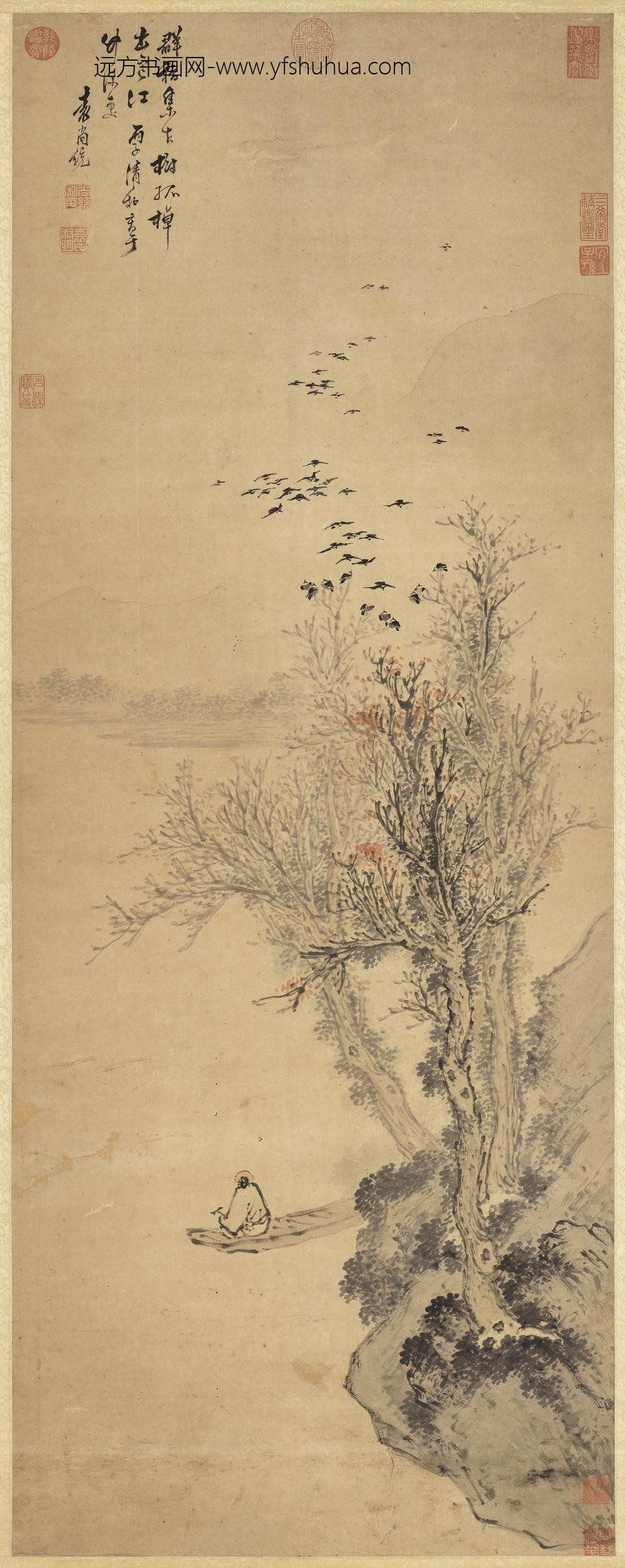 明袁尚统寒江放棹轴