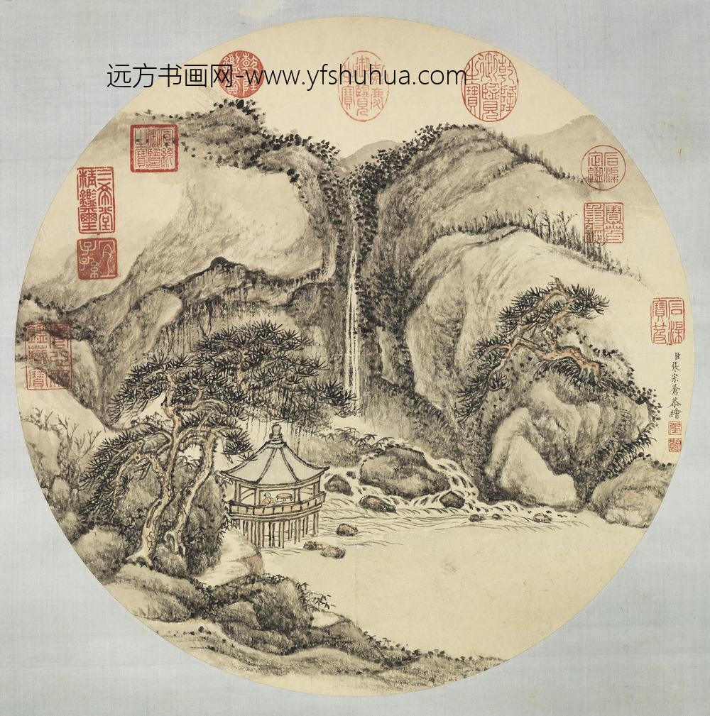 清张宗苍水亭对瀑轴