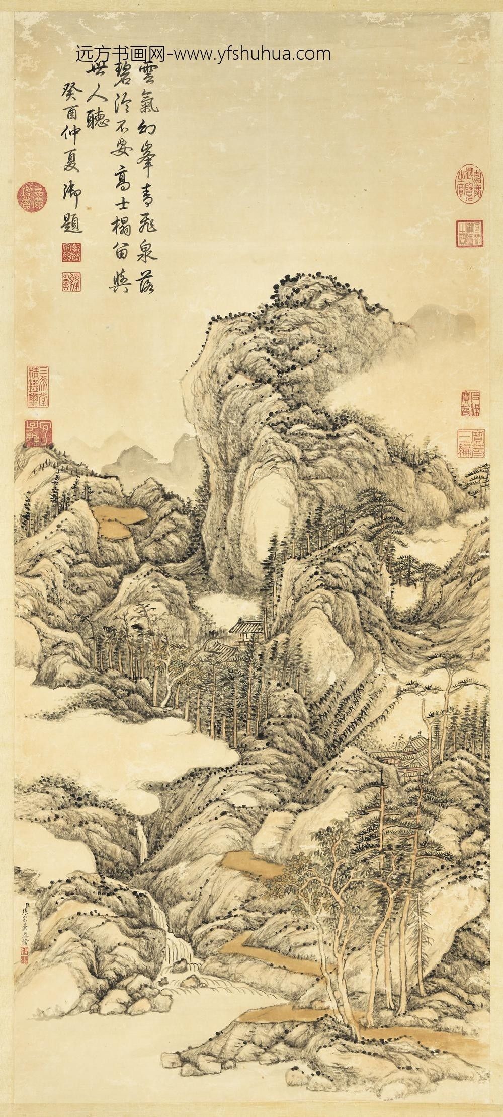 清张宗苍画云峰飞瀑轴