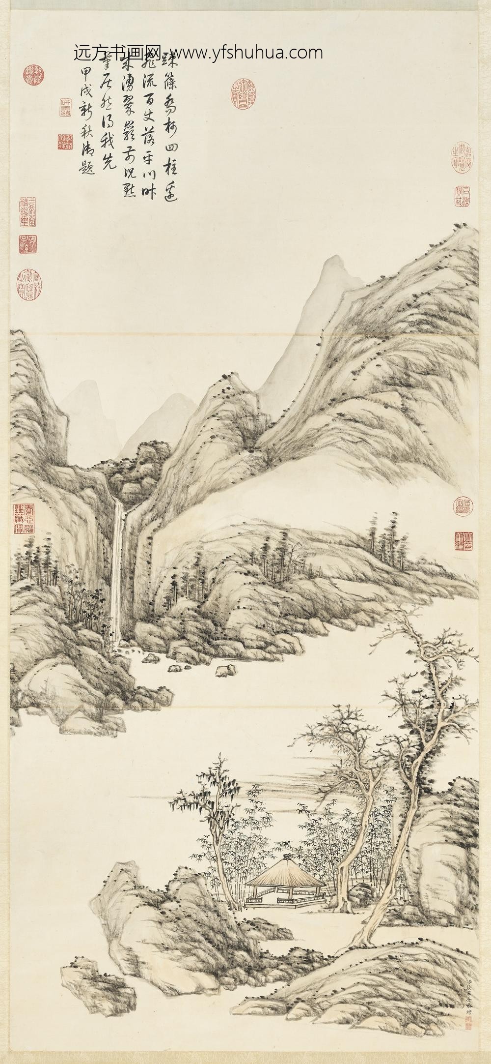 清张宗苍竹亭观瀑图轴