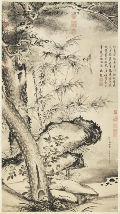 清张若霭松竹鸣禽图高宗御题轴.jpg