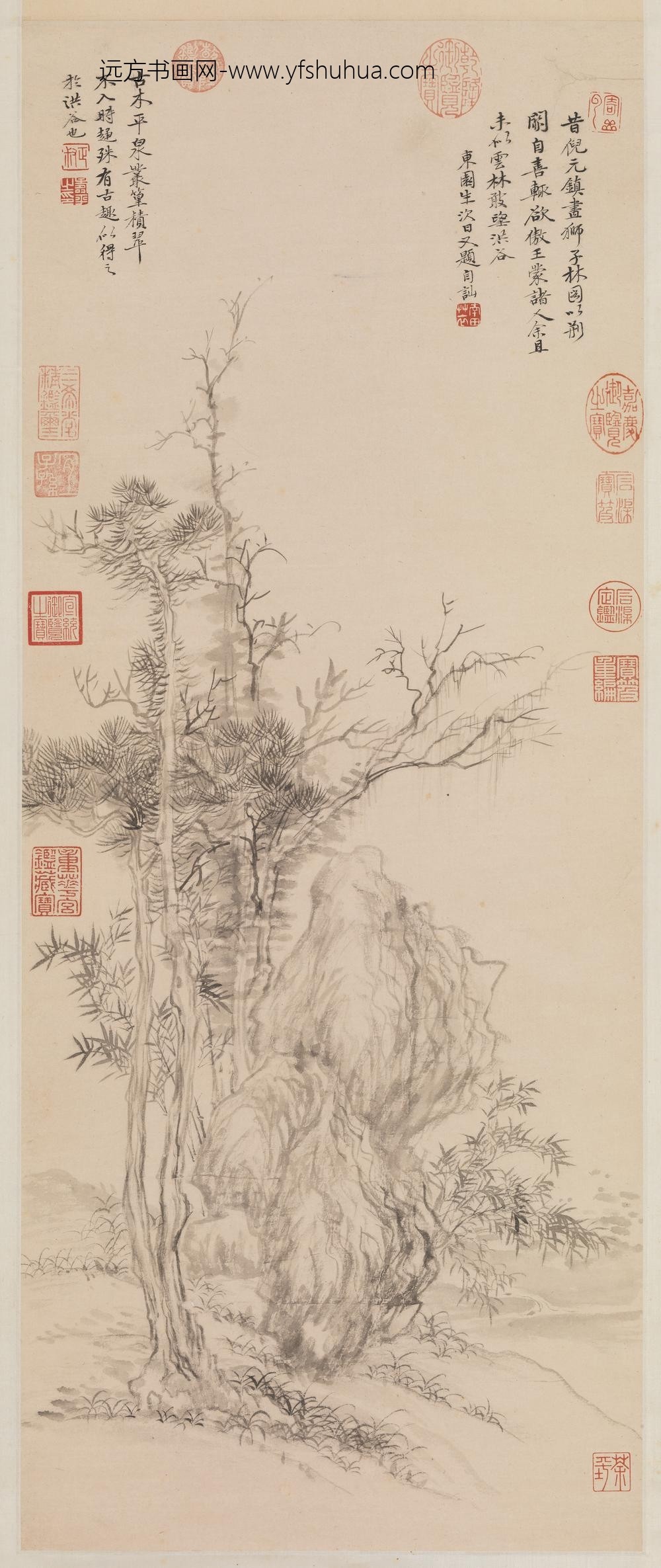 清恽寿平仿倪瓒古木丛篁图轴