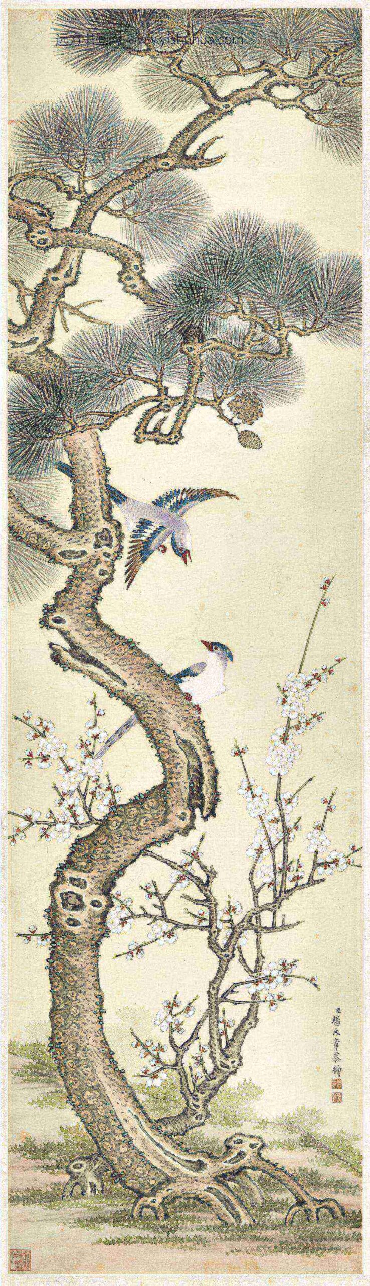清杨大章松梅文禽轴