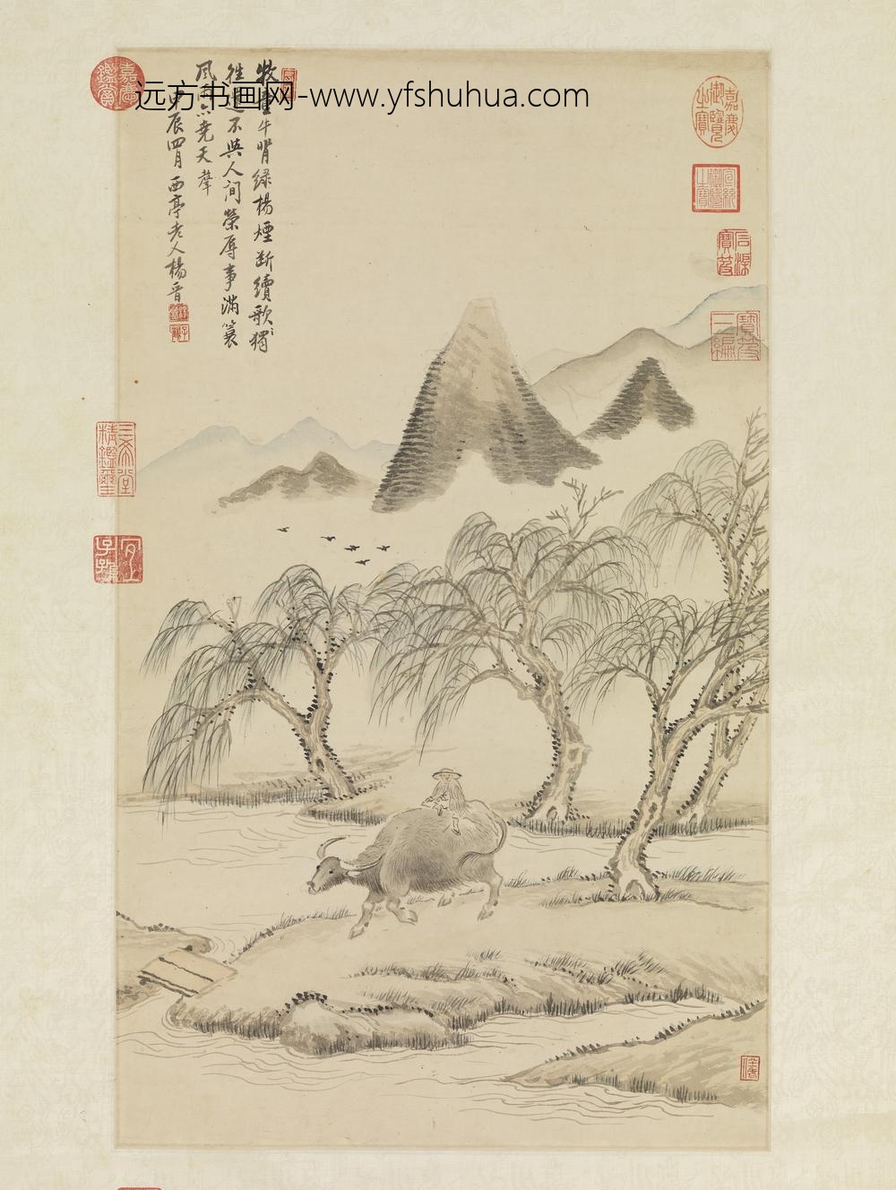 清杨晋画柳塘春牧轴