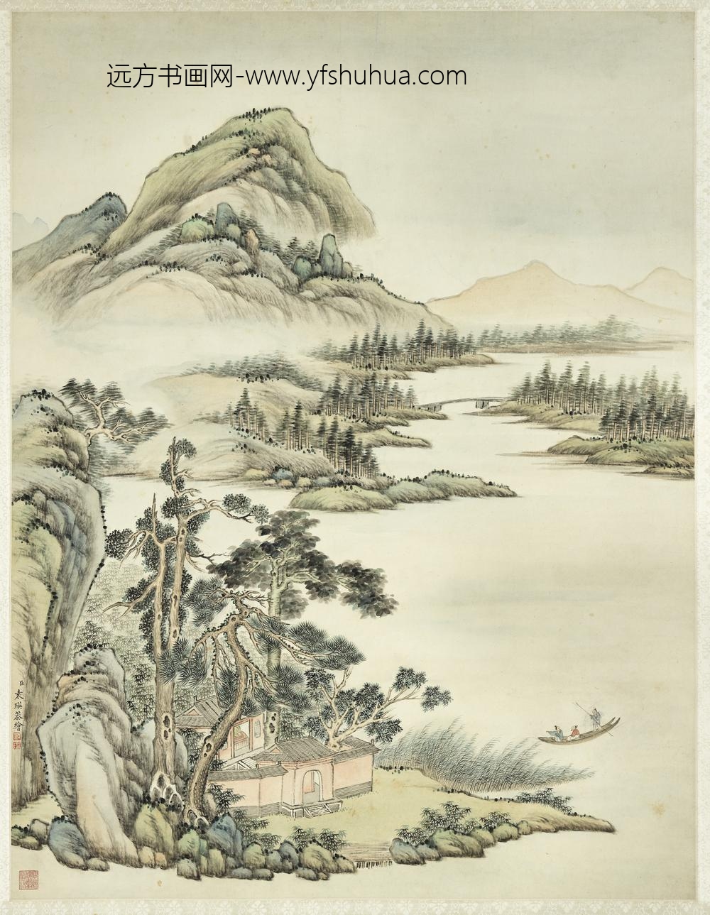 清袁瑛溪山放棹轴
