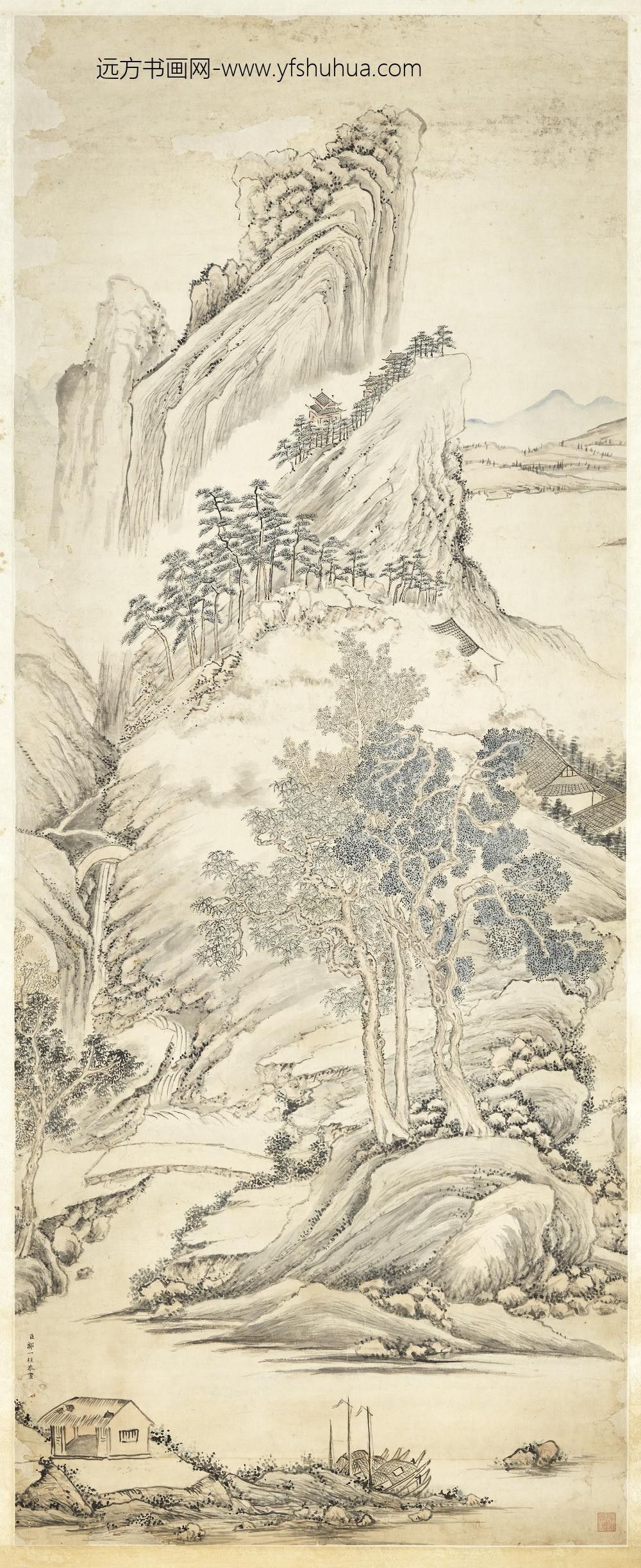 清邹一桂溪山晚泊轴