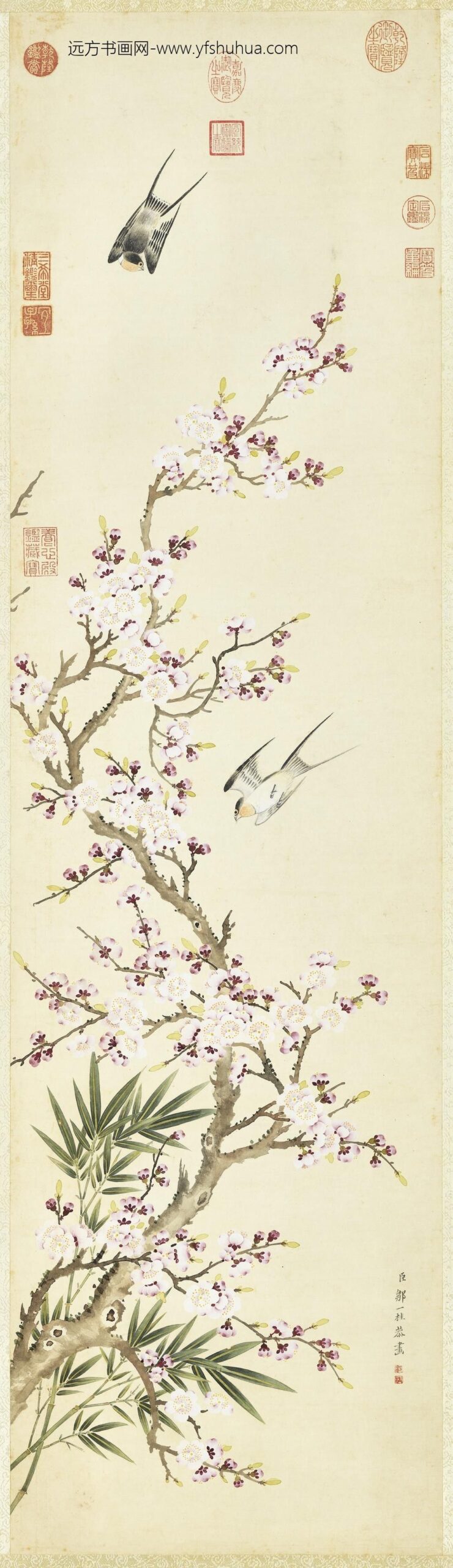 清邹一桂画杏花双燕轴