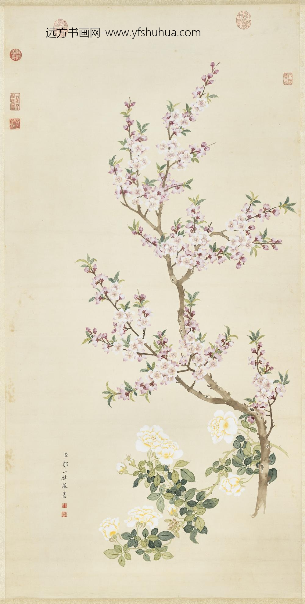 清邹一桂画桃花蔷薇轴