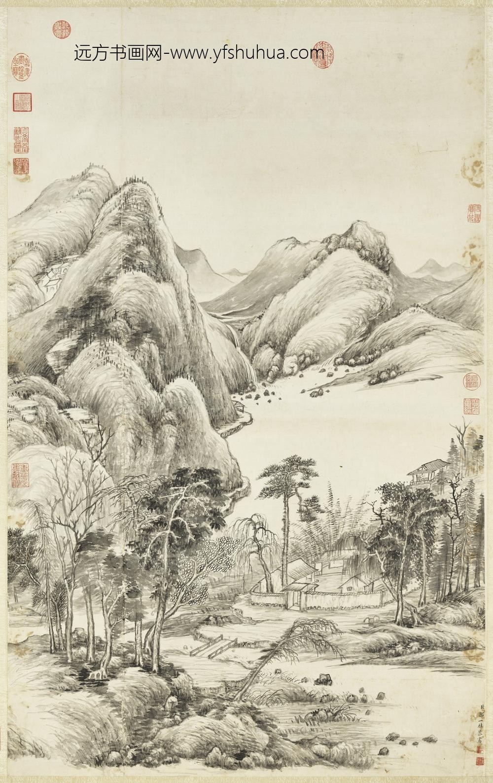 清邹一桂画溪山村落轴