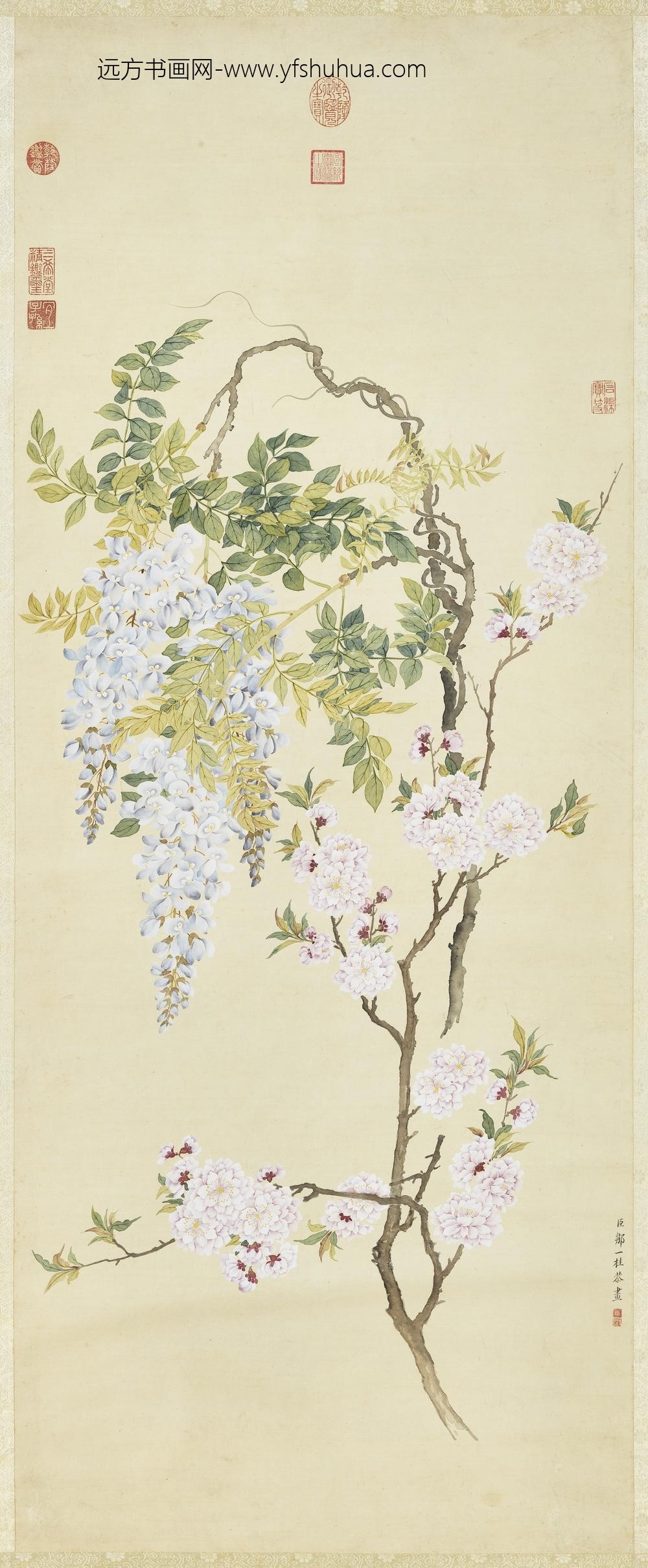 清邹一桂画碧桃紫藤轴