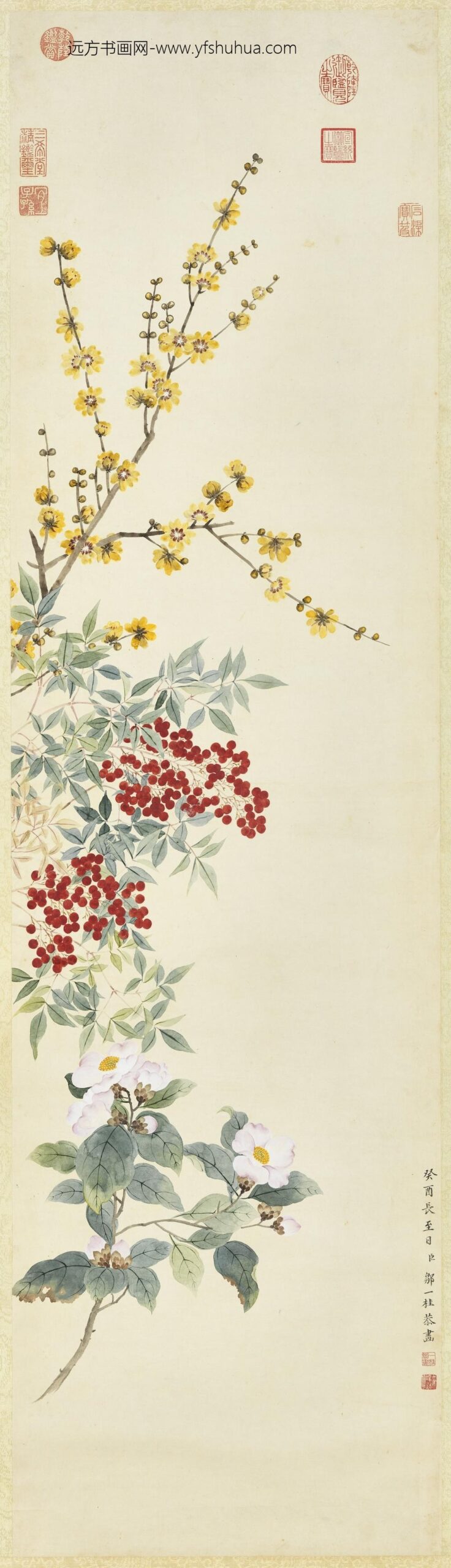 清邹一桂画蜡梅天竺山茶轴