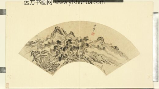 明人扇头画册明董其昌秋林策杖.jpg