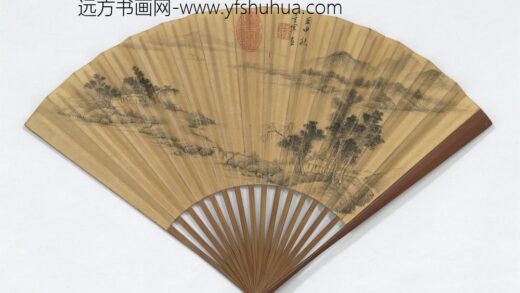 明董其昌画溪桥烟树并自书五言律诗成扇 1.jpg