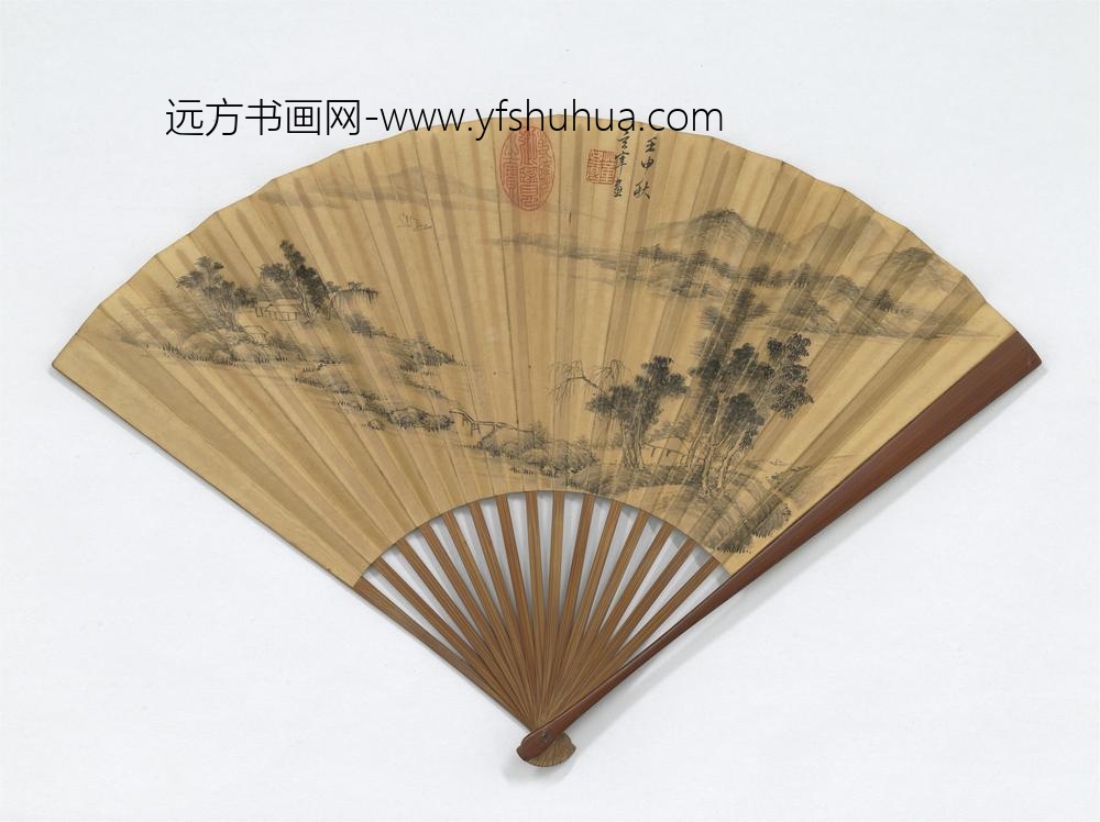 明董其昌画溪桥烟树并自书五言律诗成扇