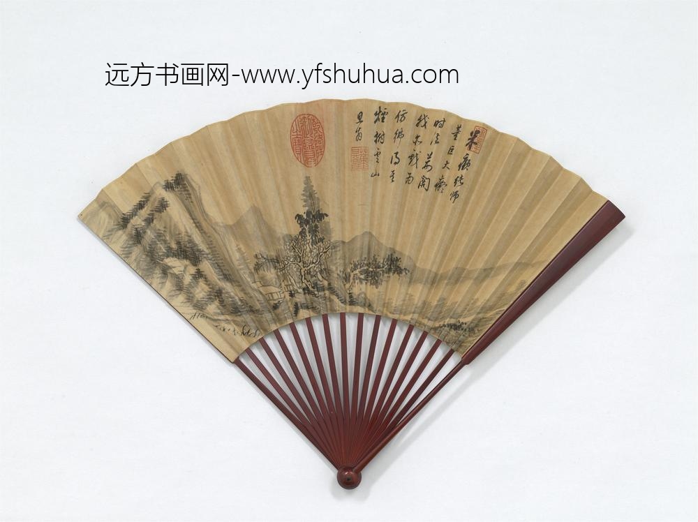 明董其昌画烟树云山并自书五言律诗成扇